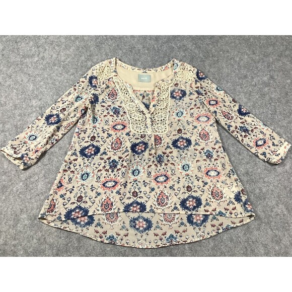 Maeve Stillwater Blouse Henley Top Size *Medium Neutral Motif ANTHROPOLOGIE BOHO - Picture 6 of 16